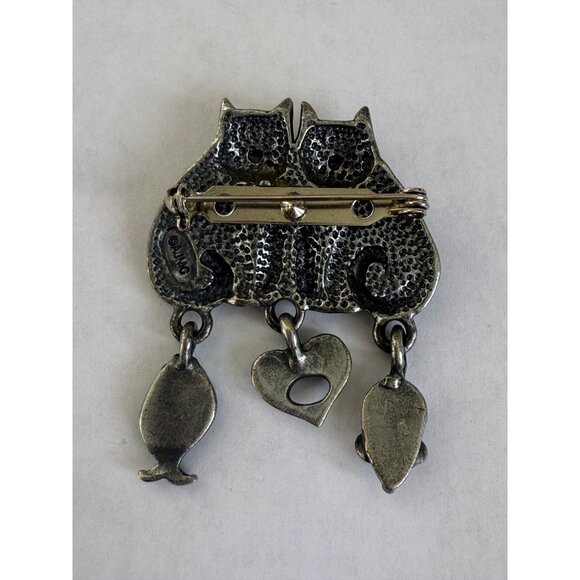 Vintage 70's Pewter Cartoon Cats Kitties Brooch With Dangles Mouse Heart Fish - Picture 5 of 6